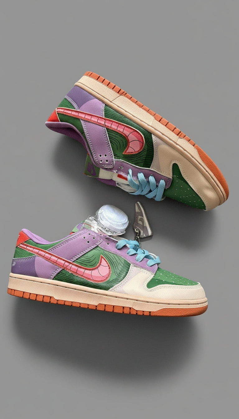 Colorful sneakers with a unique design on a wooden floor