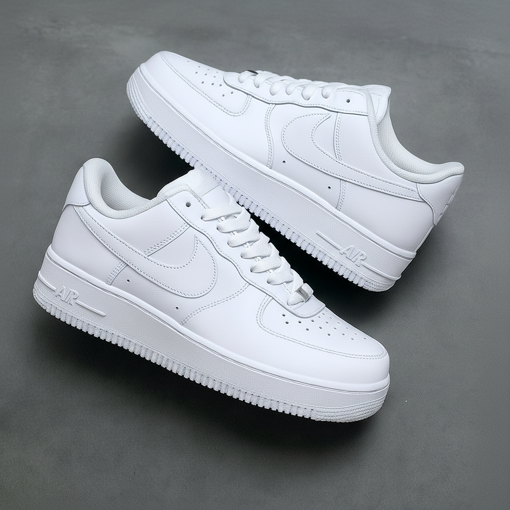 Pair of white Nike sneakers on a gray background