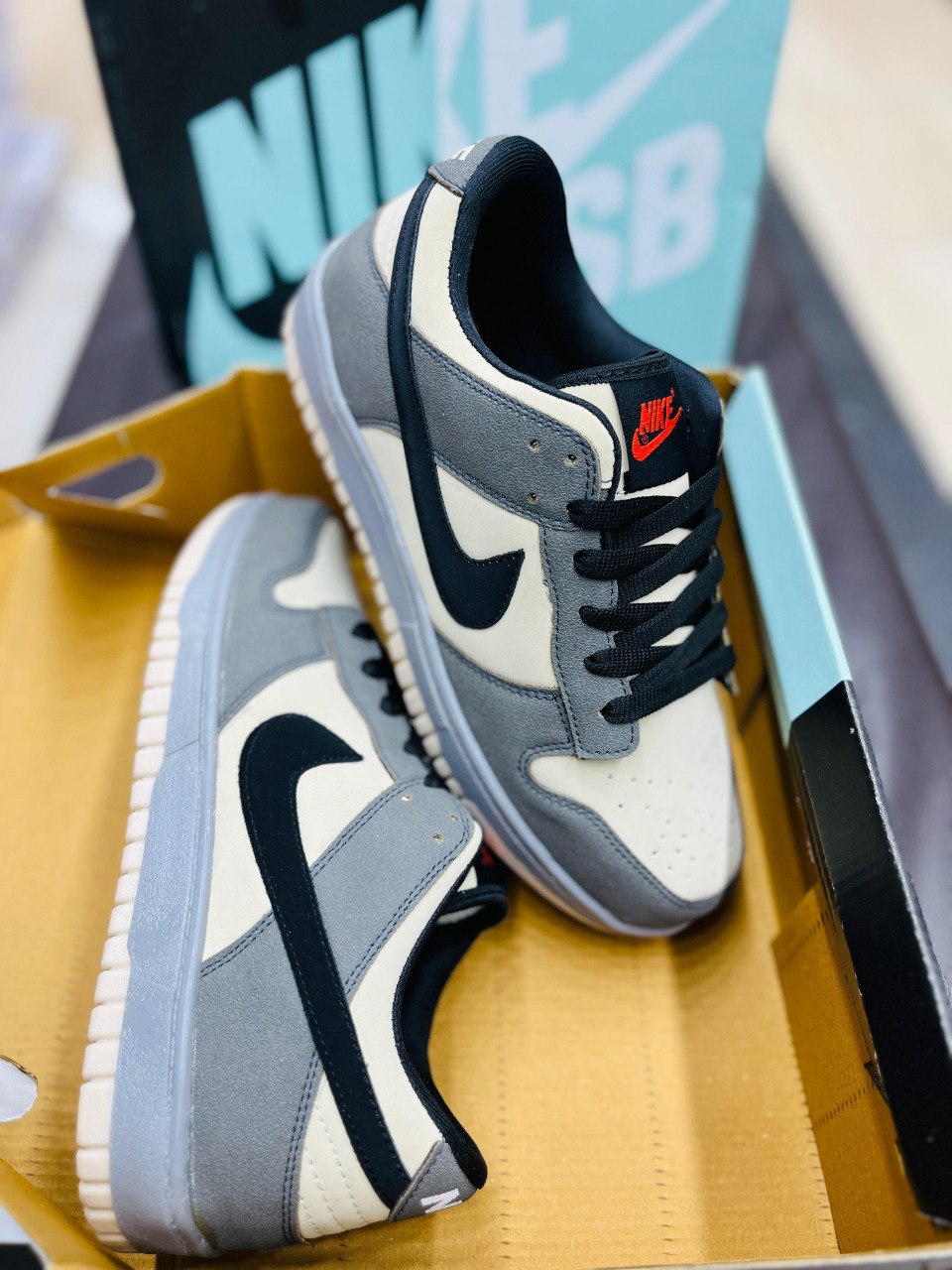 Nike SB Dunk Low Classic Sneakers – White, Grey & Black Colorway