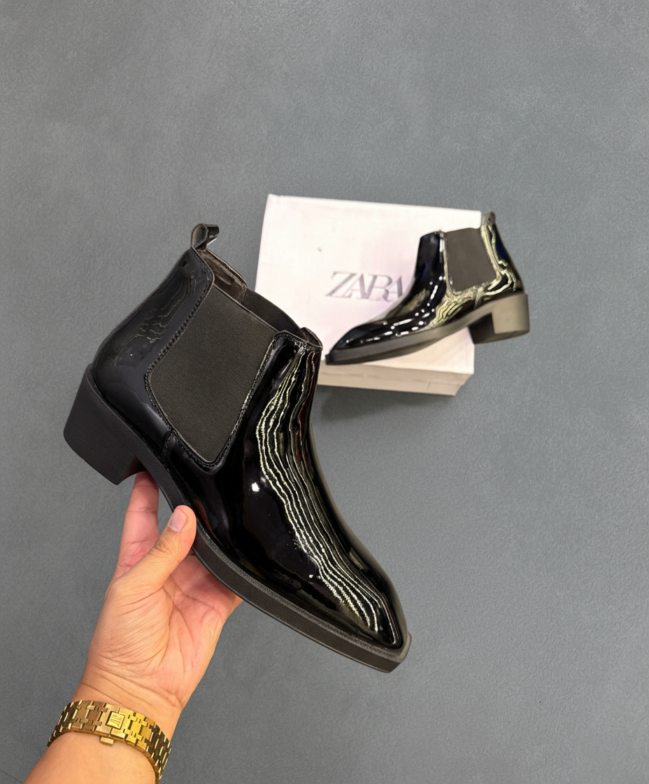 Zara Black Patent Ankle Glossy Boots