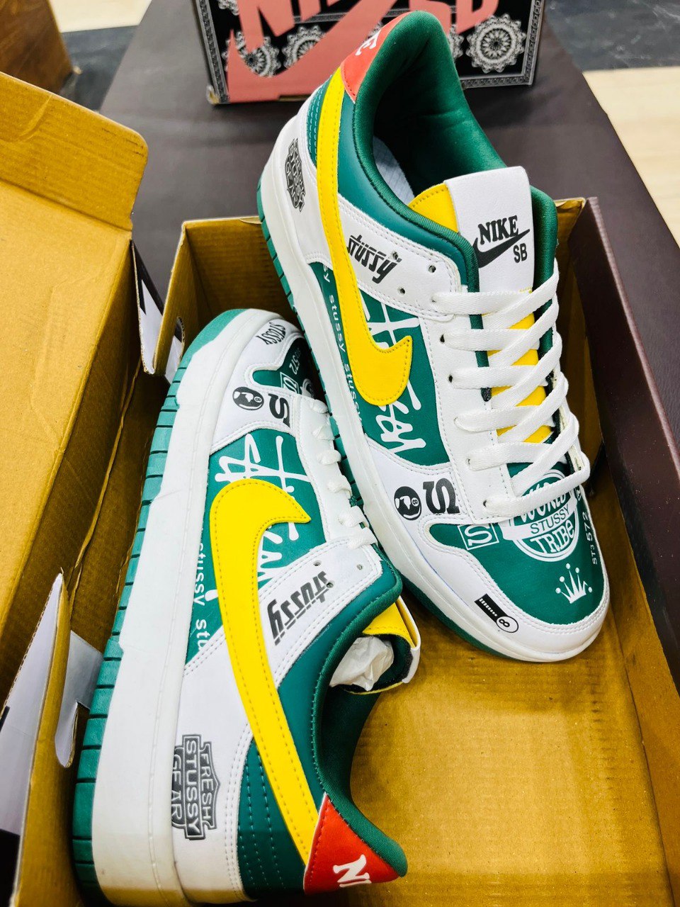 Nike SB Dunk Low "Stüssy Tribe" Style Sneakers – White, Green & Yellow